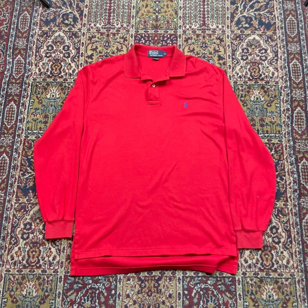 VTG 90s Polo Ralph Lauren Mens Red Long‎ Sleeve Polo Shirt Blue Pony Logo Size M
